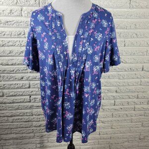 Woman Within Womens Top 18 20 Plus Short Sleeve Blue Pink Floral Pintuck FLO262E